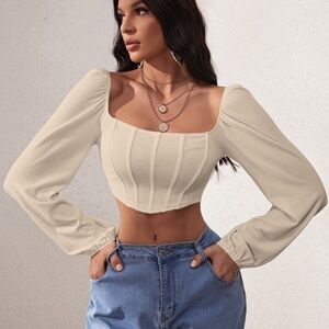 Elegant Cream Long Sleeve Crop Top